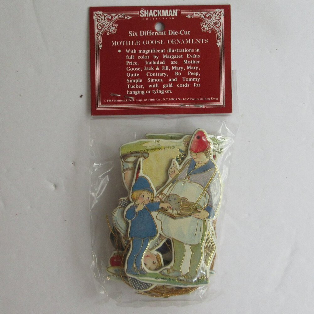 Shackman 1988 Set of 6 Gold Stamped Die-Ccut Ornaments Mother Goose NEW & Sealed